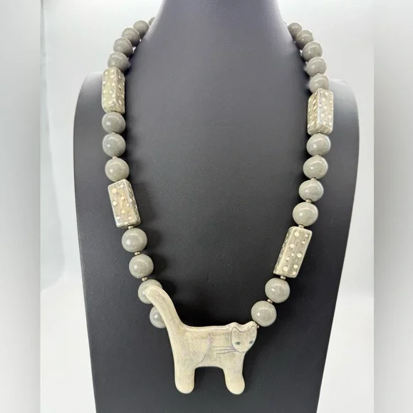 Whimsical Ceramic Grey Cat Necklace Handmade Folk Artisan Jewelry Studio Art OAK - Picture 1 of 6